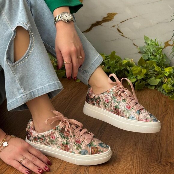 New Pink Floral Print Rhinestone Crystal Pavé Lace-Up Flat Platform Sneaker Shoe - Picture 1 of 8